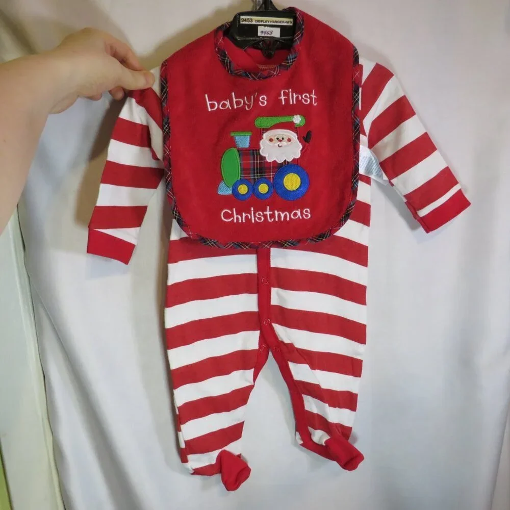 Baby my first Christmas red and white striped footed bodysuit w bib 2pcs